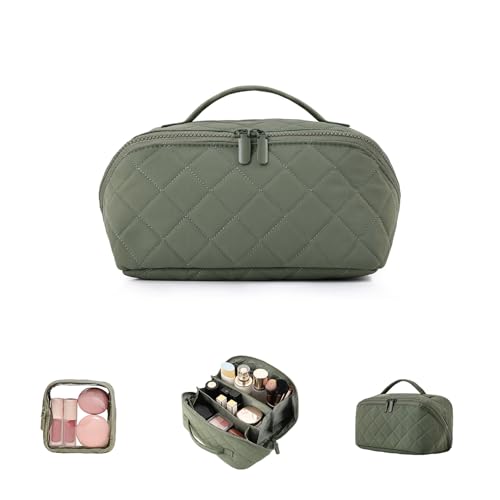 Pomodee Makeup Bags for Women,Portable Flat Lay Makeup Bag Travel Cosmetic Bag,Toiletry Bag Organiser with Clear Divider and Brush Compartment,Green