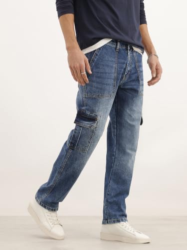 Image of WROGN Men's Cotton Stretch Cargo Jeans | Solid | Straight Fit