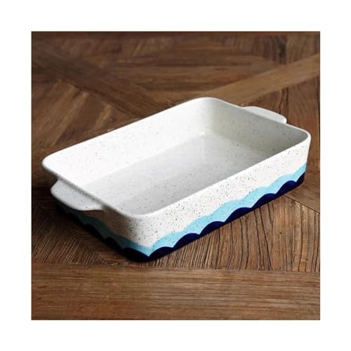 bandeja para hornear Plato de porcelana de cerámica de color bajo vidriado con patrón de onda azul, plato grande for hornear de doble oreja, plato de vapor, plato de cena multifuncional for el hogar b
