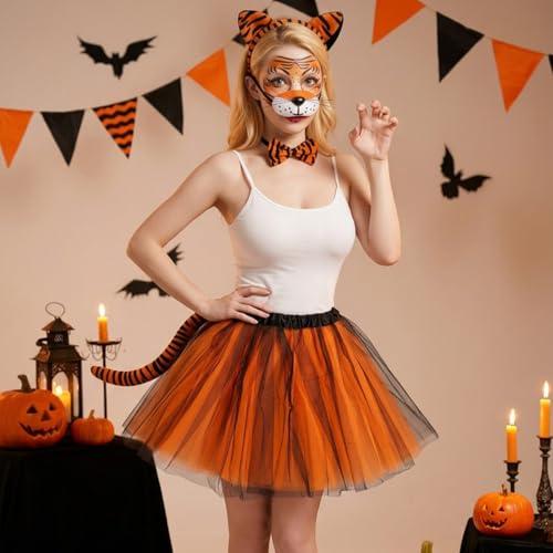 Rotamora 6Pcs Halloween Tiger Costume Set, Animal Costume Tiger Ears Headband Tail Nose Bow Tie Face Sticker Tutu Skirt Fancy Dress Up for Women Men Halloween Cosplay Party Accessories - image 5