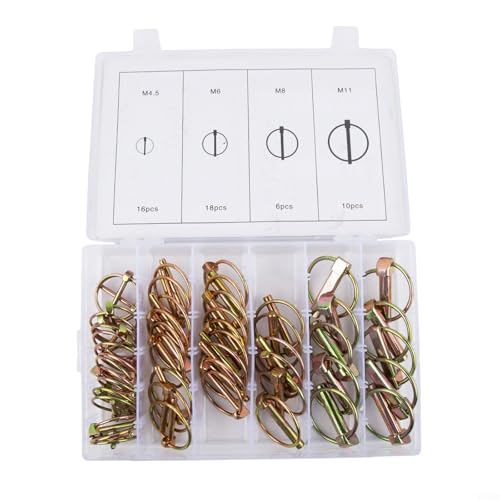 Todikaper - Assortiment de 50 chevilles robustes avec verrouillage à ressort pour pièces de réparation de tondeuse à gazon et applications de broches de tracteur, fixations d'équipement agricole, 4 tailles