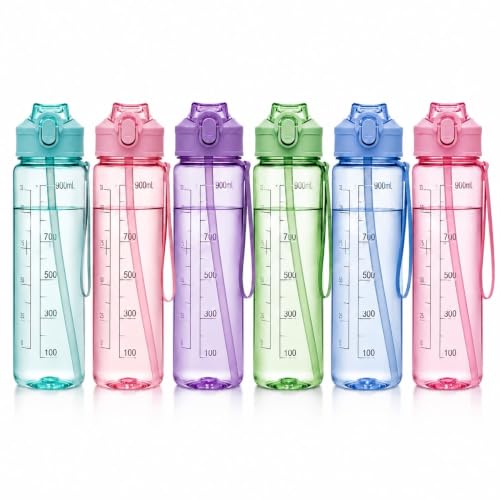 Image of Pack of 6 Water Bottles for return gifts I Leak proof, 900 ml Motivational water bottles. Best for kids birthday party return gifts and for office and kitty parties. Random colour
