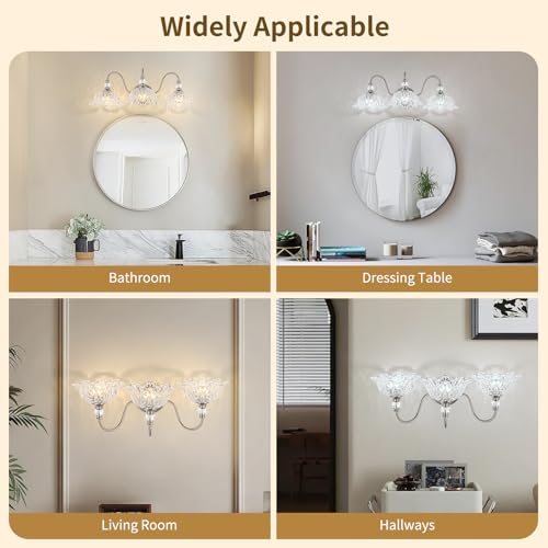 Image of Brushed Nickel 3-Light Bathroom Vanity Light with Floral Clear Glass Shades, Brushed Nickel Wall Mount Lighting for Bathroom, Dressing Table
