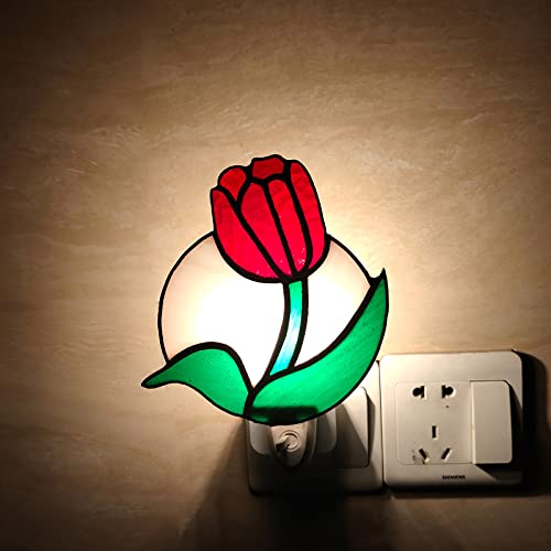 Image of CHEZBABY Stained Glass Night Light Plug into Wall Accent Nightlight Lamp Decorative for Hallway Bedroom Kitchen Home Decor(Tulips)
