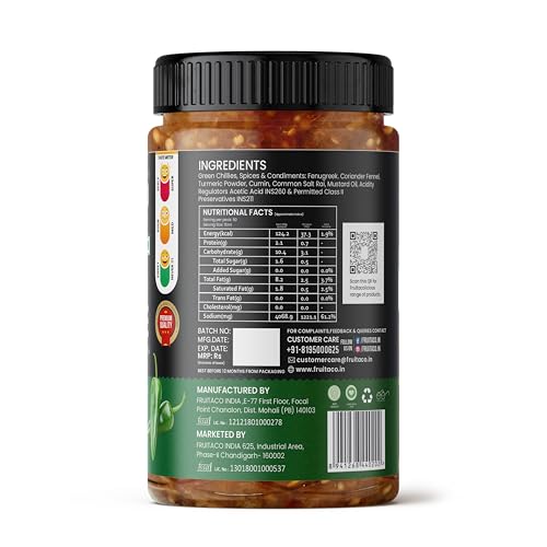 Image of Fruitaco Green Chilli Pickle - Authentic Indian Pickle with Tangy and Spicy Flavor | Perfect Side for Meal (1 Kg, Green Chilli Pickle)