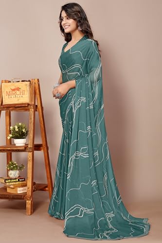 Image of MIRCHI FASHION Saree for Woman Chiffon Georgette Geometric Printed | Lightweight Farewell and Women's Office Sari with Blouse Piece