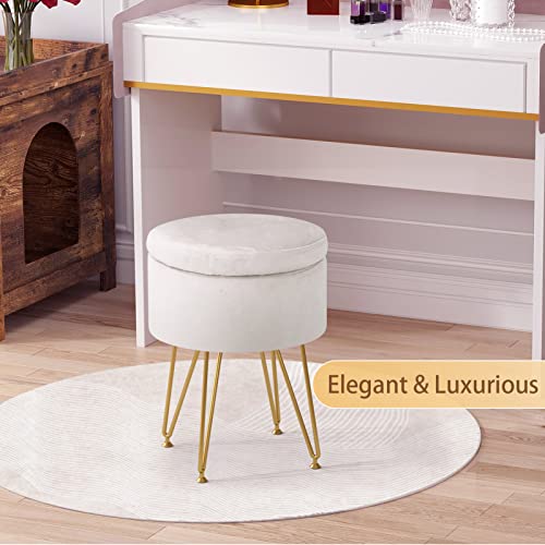Runlexi Storage Ottoman, Round Footrest Stool Ottoman With Removable Cover & Adjustable Legs, Dutch Velvet Vanity Stool, Soft Padded Seat, Modern Decorative Accent Stool For Makeup, Bedroom, White #TOP3