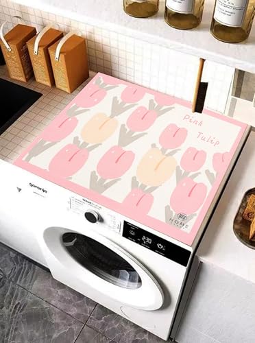 Image of Homecloud Washing Machine Mats for Top of Washer, Washing Machine Protective Mats, Dish Drying Mat, Non-slip Waterproof Washer Dryer Dust Cover Mat for Laundry & Kitchen (60cm x 60cm) (Pink Tulip)