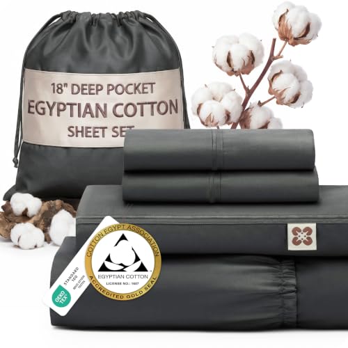 Image of Bedsure PureWoven 100% Giza Egyptian Cotton Queen Sheet, CEA & BV Certified | 18 inch Deep Pocket Sateen Sheets with Corner Straps, Durable & All-Season Breathable, Hotel Luxury, Oeko-Tex, Giftable, Grey
