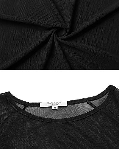 Women's Short Sleeve/Long Sleeve Bodycon Clubwear Sheer Pure Mesh Tops T Shirts (0-1028 (Black), Large)