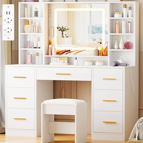 ANWBROAD Toletta Trucco con Luci illuminazione LED Regolabile a 3 colori e prese Moderna Toletta Bianca con Specchio e Sgabello 7 Cassetti 4 Ripiani Aperti Grande 140x100x40cm BDT65W