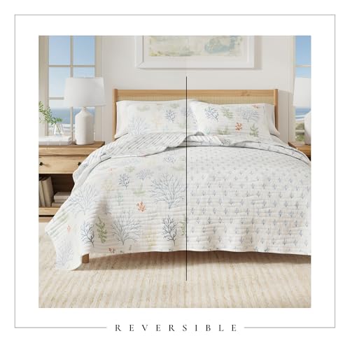 Image of 2-Piece Coral Coastal Reversible Twin Quilt Set with Sham. Beach Theme Bedding Coverlet, Soft, Microfiber - Maldives