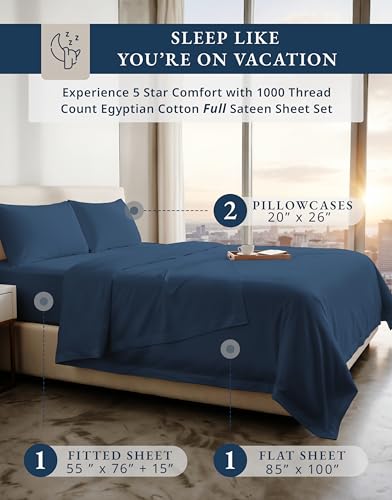 Image of LANE LINEN Full Size Sheet Sets 100% Egyptian Cotton Sateen - Estate Blue | Full Sheet Set - 4-Piece Set, 16 inch Deep-Pocket Snug Fit, 1000 Thread Count, Refreshes A Guest Room, Luxe Sheen,