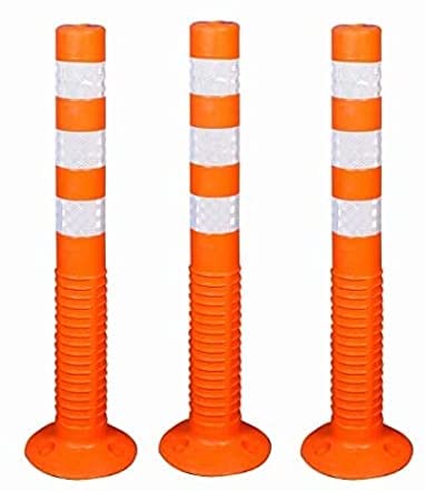 Flexible Spring Parking Post Barrier High Grade Polyurethane Material With 3 White Reflective Tapes Easy To Install - Orange (Pack Of 3)