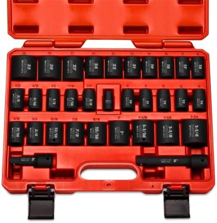 Neiko 02447A 1/2" Drive Master Impact Socket Set, 32 Piece Shallow Socket Assortment | Standard SAE (3/8-Inch to 1-1/4-Inch) and Metric (10-32 mm) Sizes | Cr-V Steel