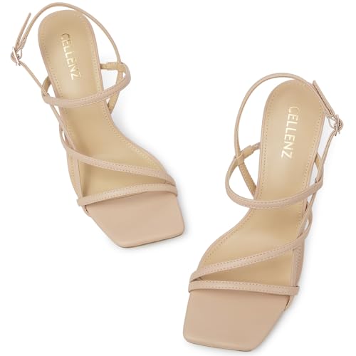 Women Strappy High Heels: Square Open Toe Slingback Sandals, Dressy Sexy Comfortable Kitten Heeled, Prom Party Wedding Black White Gold Nude3