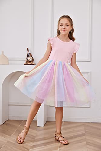 Patpat Junior Dresses For Teen Girls Rainbow Mesh Tutu Dress Casual Ruffle Sleeve Tulle Dress 11-12 Years #TOP6