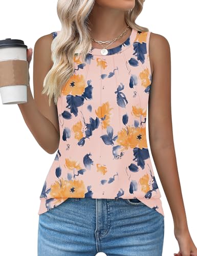 Kistore Sleeveless Tops for Women Casual Summer Flowy Crew Neck Pleated Office Shirts Yellow Printed Clothes M