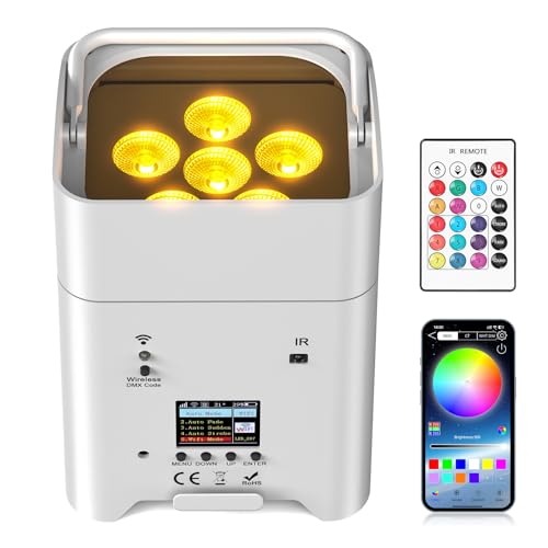 DazzlingStage 9600mAh Wireless Uplights, 6x18W RGBWA UV Stage Lights, APP/DMX512