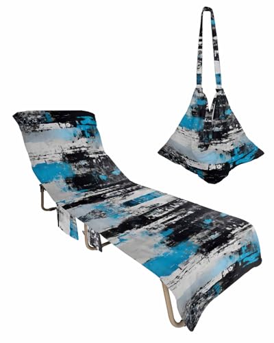 Black Blue Beach Chair Towel Covers for Chaise Lounge With Side Pocket, Soft Plush Pool Towels Cover for Patio Sunbathing Outdoor 29''x85'' Modern Vintage Abstract Painting Smear Art