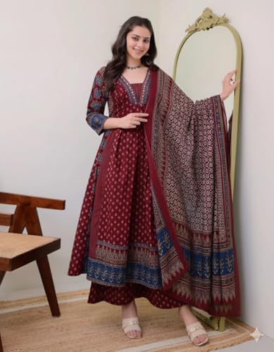 Image of KLOSIA Women's Rayon Printed Anarkali Kurta and Pant with Dupatta Set