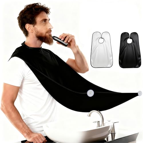 Beard Bib Apron for Men, 2 Pack Hair Catcher for Shaving & Trimming, Non-Stick Shave Cape with Suction Cups, Men's Grooming Accessories, Gifts for Husband Dad Boyfriend (Black & White)