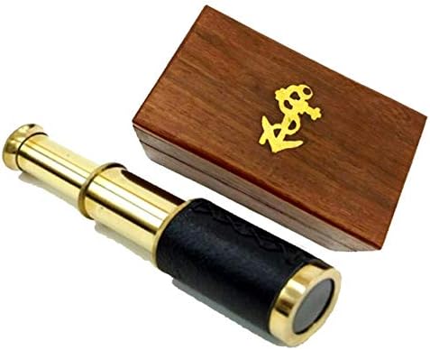 6" Brass Handheld Telescope with Wooden Box - Pirate Navigation with Anchor Wooden Box Rustic Vintage Home Decor Gifts