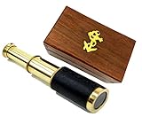 6" Brass Handheld Telescope with Wooden Box - Pirate Navigation with Anchor Wooden Box Rustic Vintag