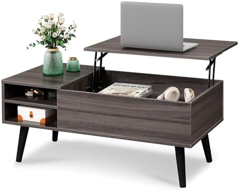 WLIVE Lift Top Coffee Table for Living Room, Small Coffee Table with Storage, Adjustable Shelf and Storage Compartment, Mid Century Modern Living Room Table, Wood, Grey
