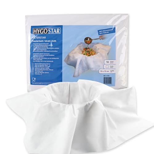 Hygostar Einweg Passiertücher Filterstar, 10x Einweg Käsetücher mit Spezial-Vliesstoff, Abseihtücher 75x75 cm, temperaturbeständige Mulltücher weiß, reißfeste Seihtücher für klare Flüssigkeiten