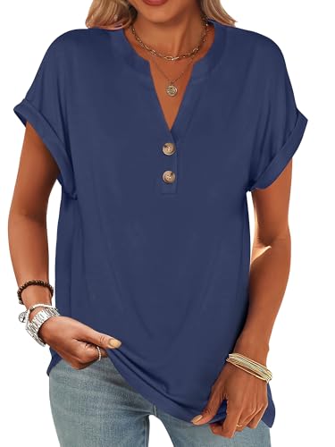 Image of ANRABESS Womens Short Sleeve Henley Tops V Neck Dressy Casual Blouses Summer Trendy Tee Shirts 2026 Vacation Fashion Clothes