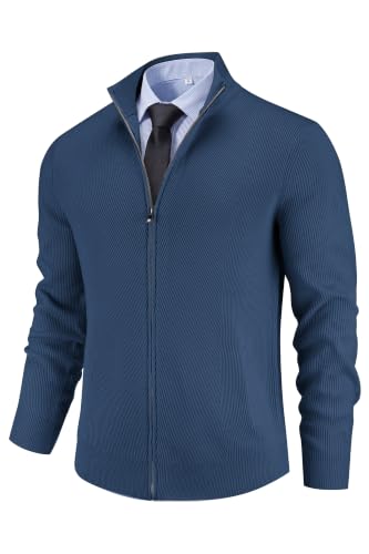 Image of COOFANDY Men's Zip Up Cardigan Knitted Sweater Stand Collar Deep Blue L