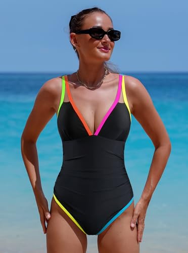 popvil Women's One Piece 2025 Tummy Control Swimsuits Neon Color Block Swimwear Deep V Neck Slimming Bathing Suit4