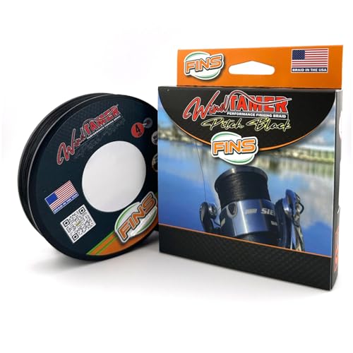 FINS Windtamer Pitch Black Braid Fishing Line - No-Fade, Round 4-End Braided Line for Bass Angling, Resists Wind Knots and Twisting, Non-Bleeding - Black - 20 lb - 150 Yds