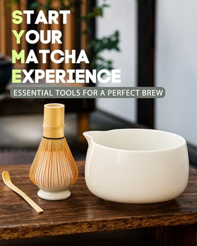 20OZ Matcha Whisk Set - 5PCS Matcha Kit Includes Ceramic Bowl with Spout, Bamboo Whisk with Holder, Bamboo Scoop and Sifter, Matcha Set for Ceremony, Gift for Matcha Lovers (White) — view 4