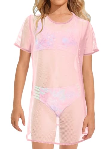 Girls Swim Cover Up Kids Short Sleeve Beach Bathing Suit Bikini Cover Wraps With Pom Pom Trim 4-13 Years