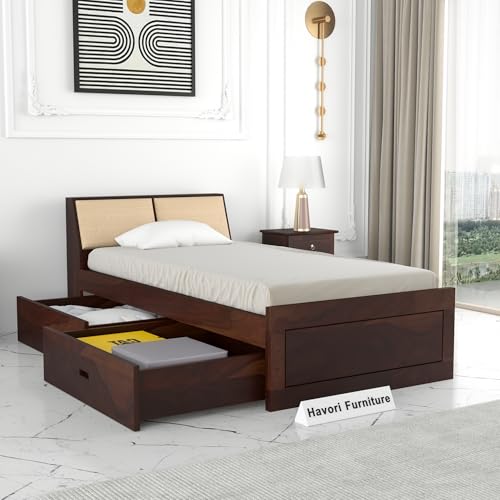 Image of Solid Sheesham Wood Single Size Bed with 2 Drawer Storage Wooden Single Cot Bed for Home Living Room Bedroom Guest Room Hotel (Walnut, Size 6 * 4)