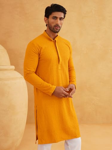 Image of SOJANYA Men's Cotton Checkered Thread Embroidered Long Kurta