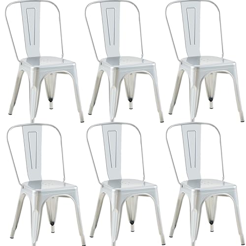 Image of Metal Dining Chairs with Backrest, Stackable, Silver, 6 Pack | Easy Assembly, Non-Slip Feet, 330 lb Capacity, Kitchen, Restaurant, Cafe, Pub, Covered Patio