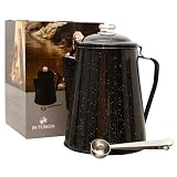 IN FUSION Camping Boiler Enamel Coating And Glass Cap For Backpacking, Campsite, Kitchen, Over Stove And Pot Makes 12 Cups Comes With Stainless Steel Spoon (Black) No Basket