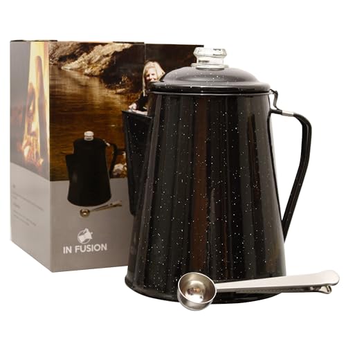 IN FUSION Camping Boiler Enamel Coating And Glass Cap For Backpacking, Campsite, Kitchen, Over Stove And Pot Makes 12 Cups Comes With Stainless Steel Spoon (Black) No Basket