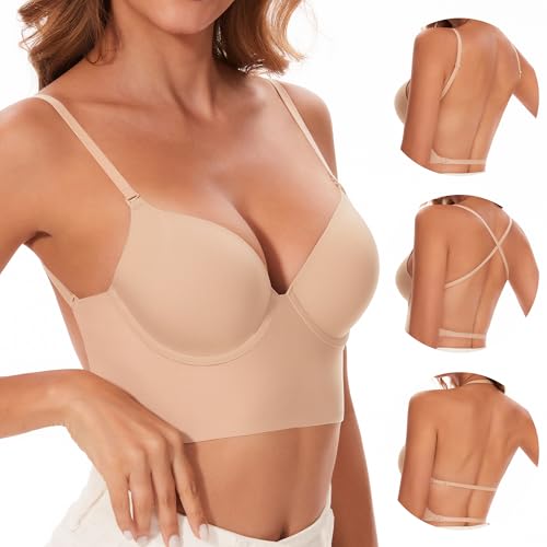 Vinperfor Low Back Bra for Women-Seamless Invisiable Backless Bras-Lightly Lined Open Back Convertible Halter Multiway Low Cut Bra (Nude, 36C) - Image 2