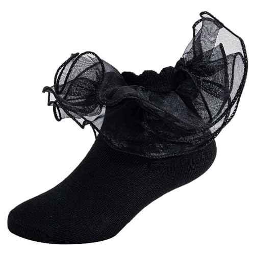 1Pack Ruffle Socks for Girls Cute Double Lace Fluffy Frilly Dress Socks Soft Cotton Fancy Sock for Toddler Little Kid