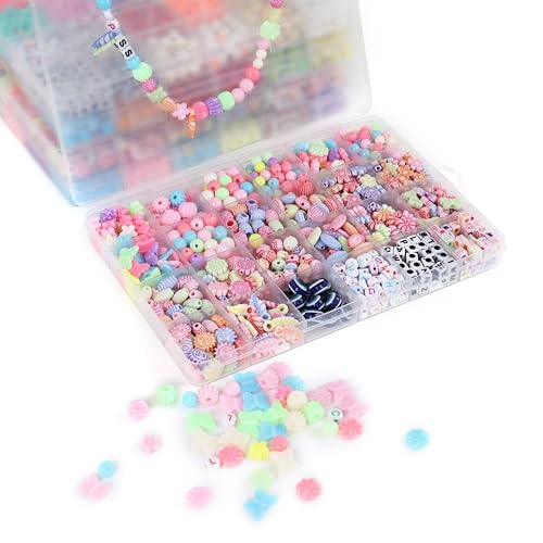 Image of ambitieux DIY Bracelet Making Kit - 800 + pcs 24 Colorful Beads, 10m Elastic Thread, Jute Bag, and Cutter - Gift for Girls Birthdays (Multicolor Mix 1)