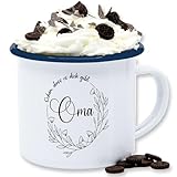 Emaille Tasse Blechtasse - Großmutter - Schön, dass es dich gibt Oma - mit Blumenkranz - 300 ml - Weiß Blau - tag geschenk omi geschenke für zum muttertag omas enkelkinder omilein geburtstag