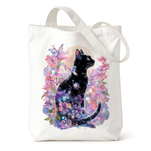 zhongko Black Cat Tote Bags for Women, Aesthetic Cat Shopping Canvas Tote Bag, Reusable Bags for School, Work, Travel, Grocery