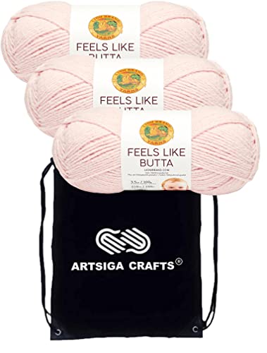 Lion Brand Feels Like Butta Pink 215-101 (3-Skeins - Same Dye Lot) Worsted Medium #4 Polyester Yarn for Crocheting and Knitting with Project Bag