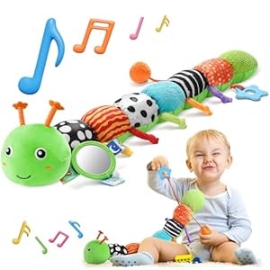 HEMRLY Baby Sensory Toy 0-6 Months, Musical Stuffed Caterpillar Plush with Teether, Crinkle, Rattle, Baby Mirror for Tummy Time, Infant Car Seat Toy for 0-3-6-12 Month Boys Girls Gifts – Knotted Green