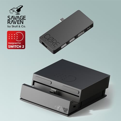 SAVAGE RAVEN by Skull & Co. Jumpgate PRO Portable Dock with Detachable USB Hub HDMI TV Adapter for Nintendo Switch 2- Black