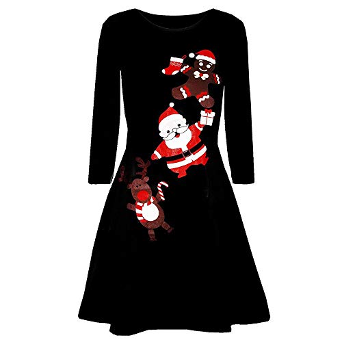 JURTEE Women Fashion Christmas Printed Long Sleeve Evening Prom Costume Swing Dress Slim Fit Party Mini Dress(XXL,Black-2)